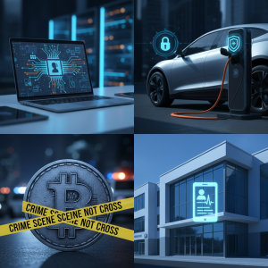 Laptop mit digitalem Sicherheitssymbol, Elektroauto am Ladepunkt mit Schloss-Icon, Bitcoin-Münze mit Crime Scene Band, vernetztes modernes Gebäude – Symbole für Cyberkriminalitätstrends 2025